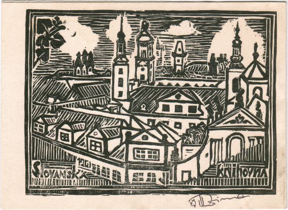 Klementinum s prostory Slovanské knihovny na pamětní pohlednici z roku 1961. Miloslav Zima, linoryt, 10,5 x 14 cm