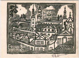 Klementinum s prostory Slovanské knihovny na pamětní pohlednici z roku 1961. Miloslav Zima, linoryt, 10,5 x 14 cm